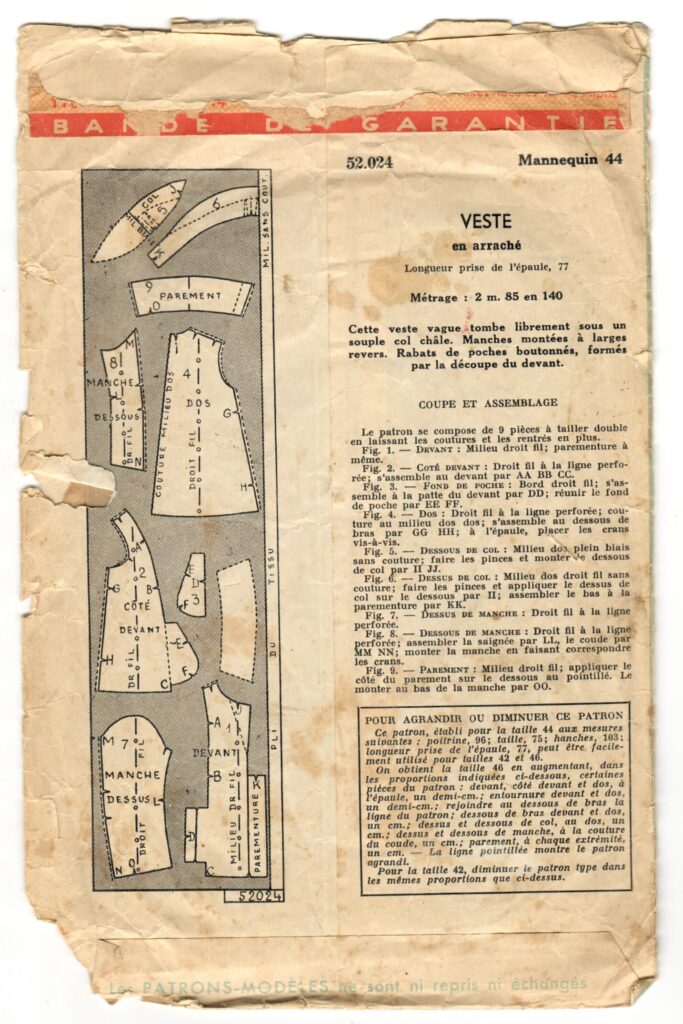 Back of a sewing pattern enveloppe by the french brand Patron-Modèle