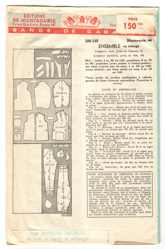 Back of a sewing pattern enveloppe by the french brand Patron-Modèle