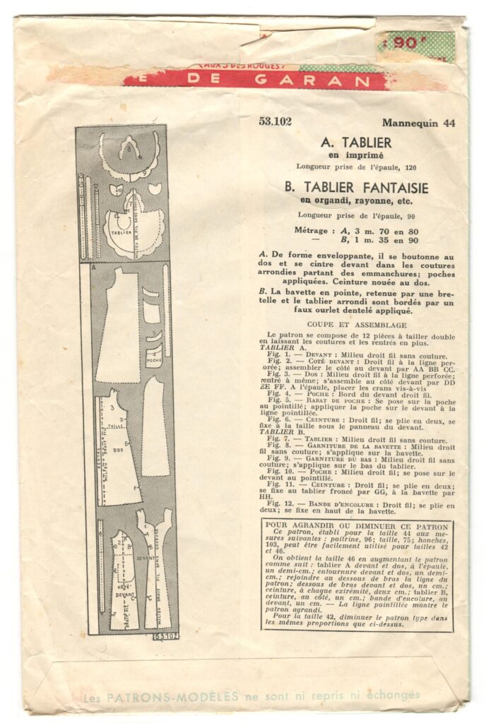 Back of a sewing pattern enveloppe by the french brand Patron-Modèle