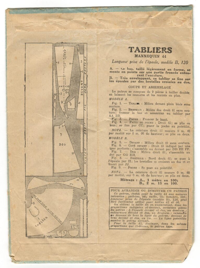 Back of a sewing pattern enveloppe by the french brand Patron-Modèle