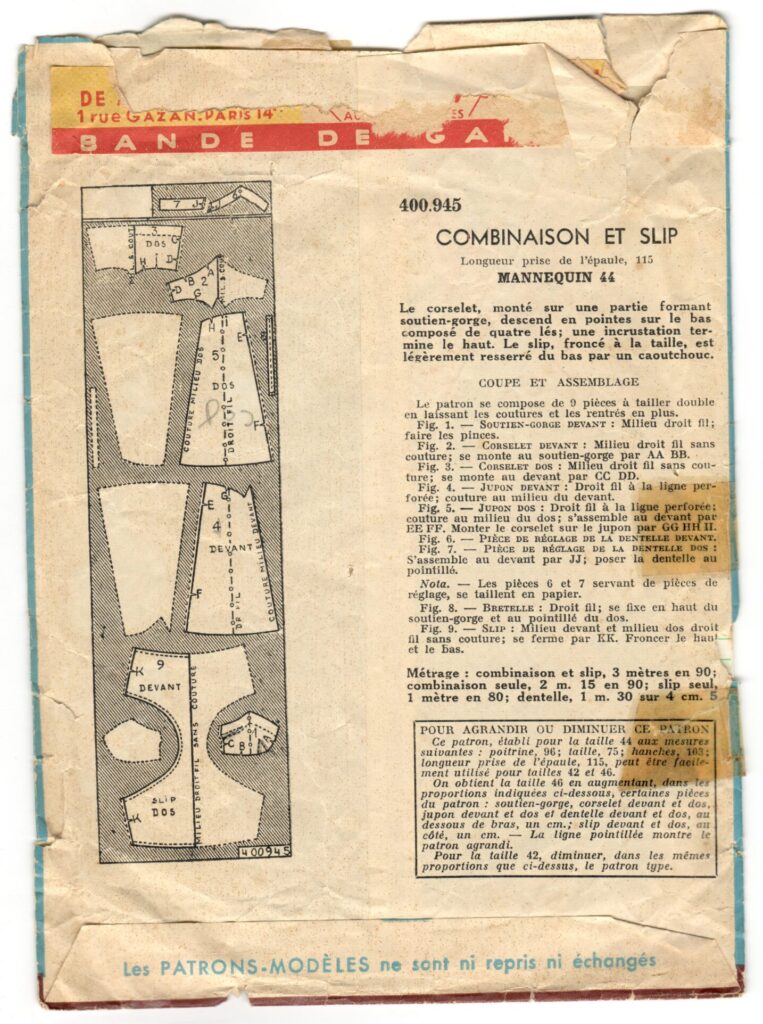 Back of a sewing pattern enveloppe by the french brand Patron-Modèle