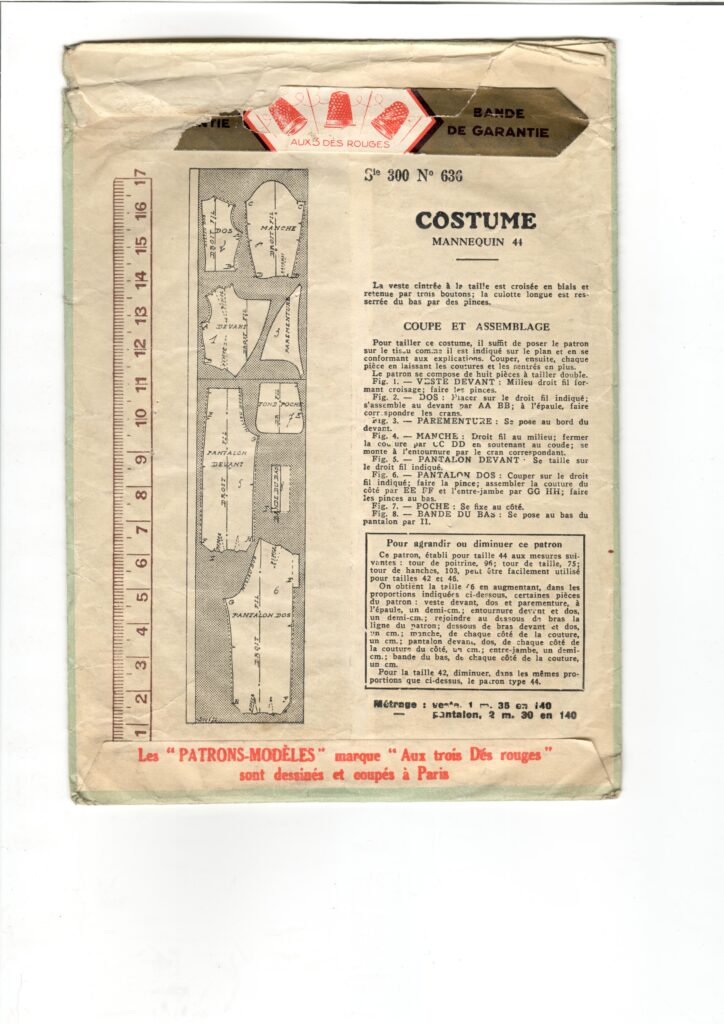 Back of a sewing pattern enveloppe by the french brand Patron-Modèle