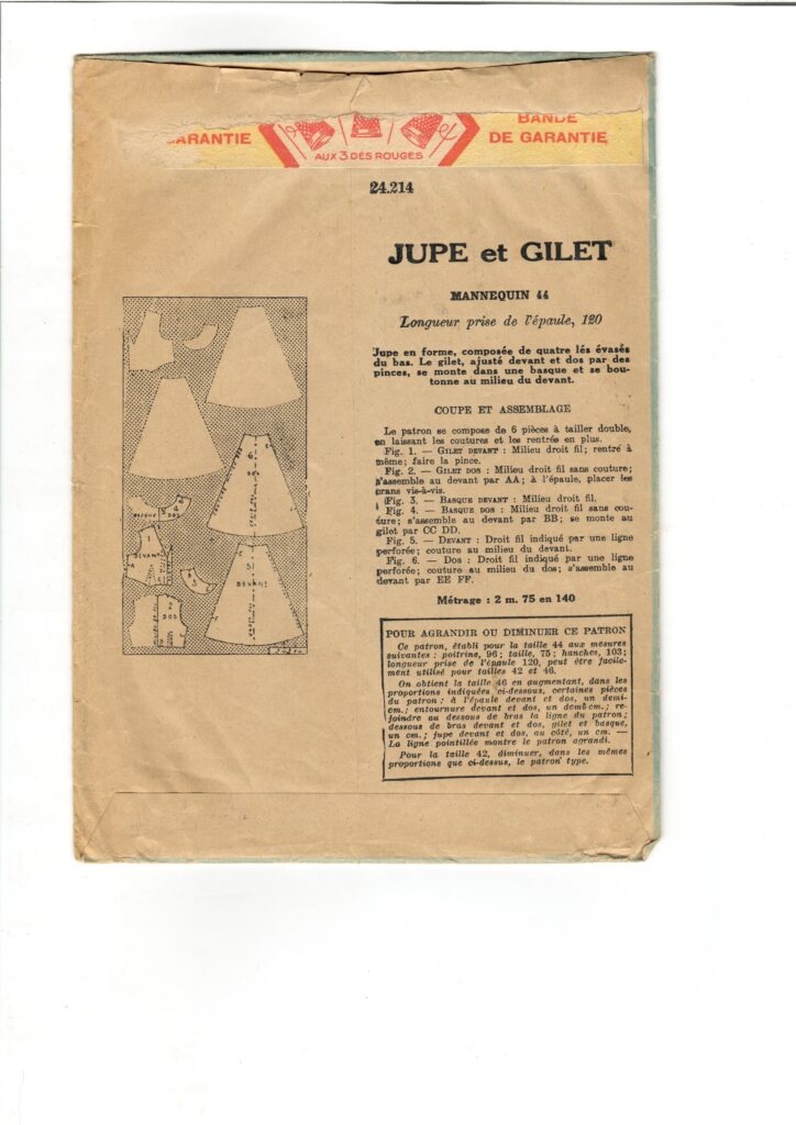 Back of a sewing pattern enveloppe by the french brand Patron-Modèle