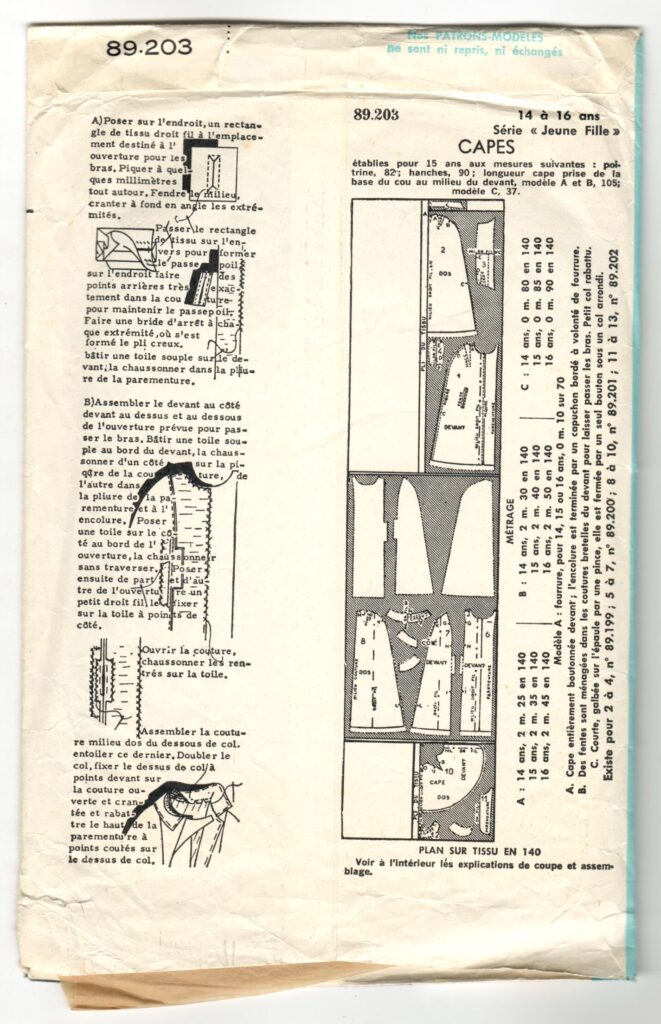 Back of a sewing pattern enveloppe by the french brand Patron-Modèle