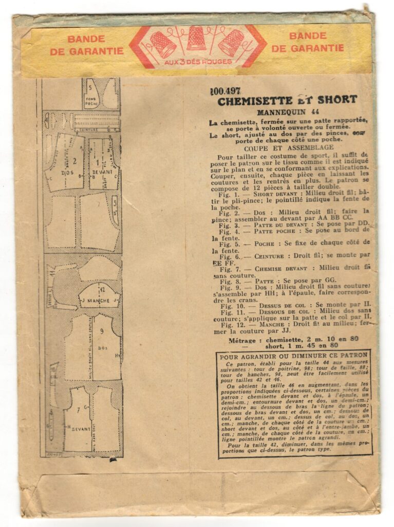 Back of a sewing pattern enveloppe by the french brand Patron-Modèle