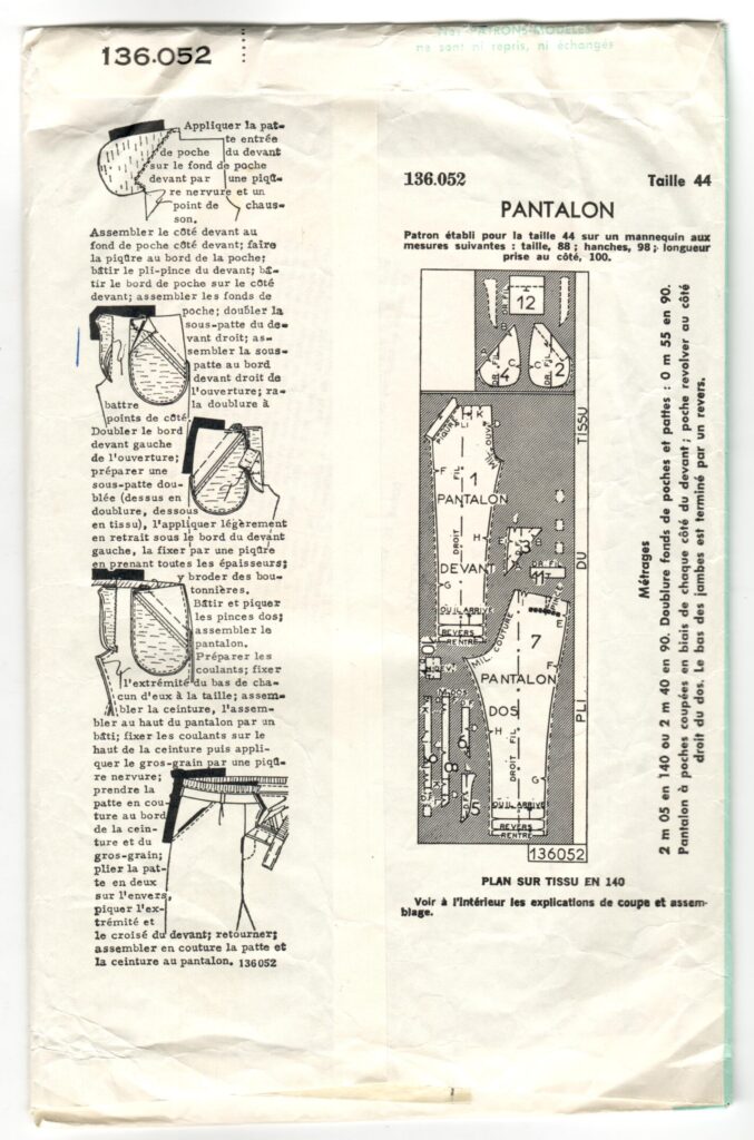 Back of a sewing pattern enveloppe by the french brand Patron-Modèle