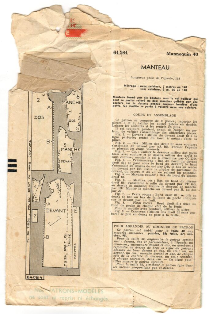Back of a sewing pattern enveloppe by the french brand Patron-Modèle