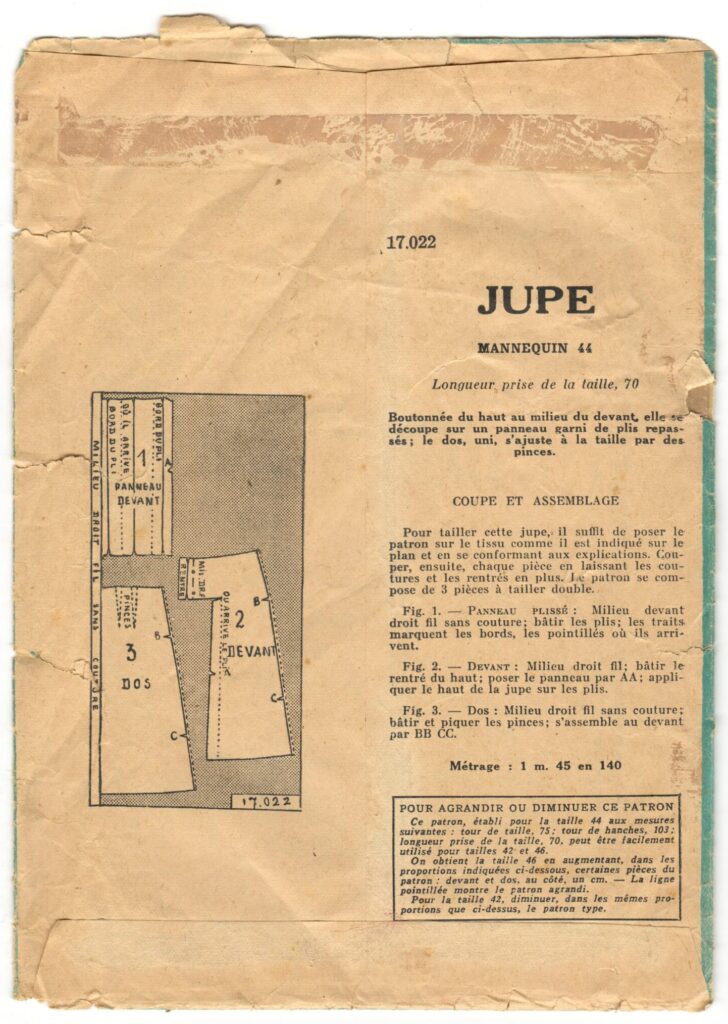Back of a sewing pattern enveloppe by the french brand Patron-Modèle