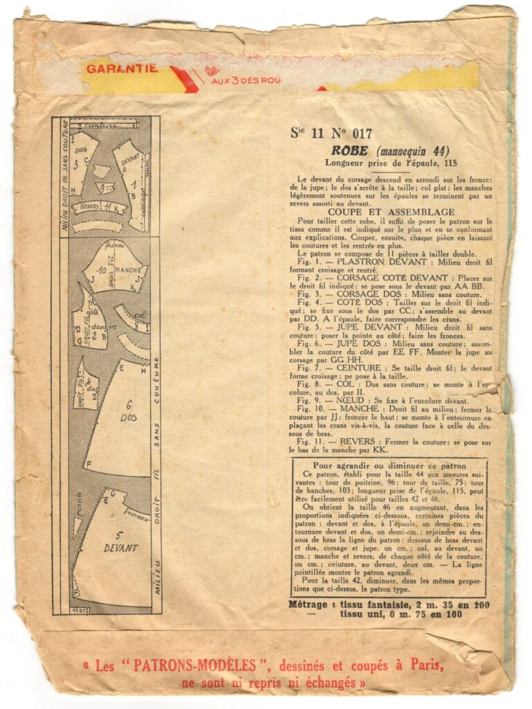 Back of a sewing pattern enveloppe by the french brand Patron-Modèle
