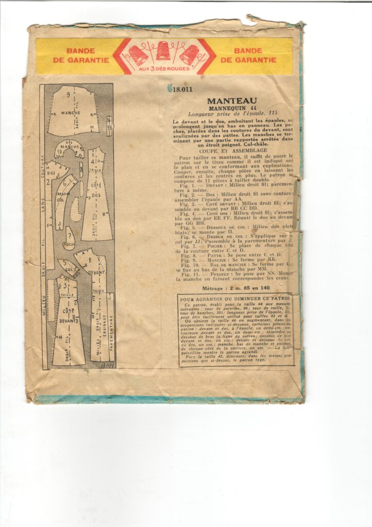 Back of a sewing pattern enveloppe by the french brand Patron-Modèle
