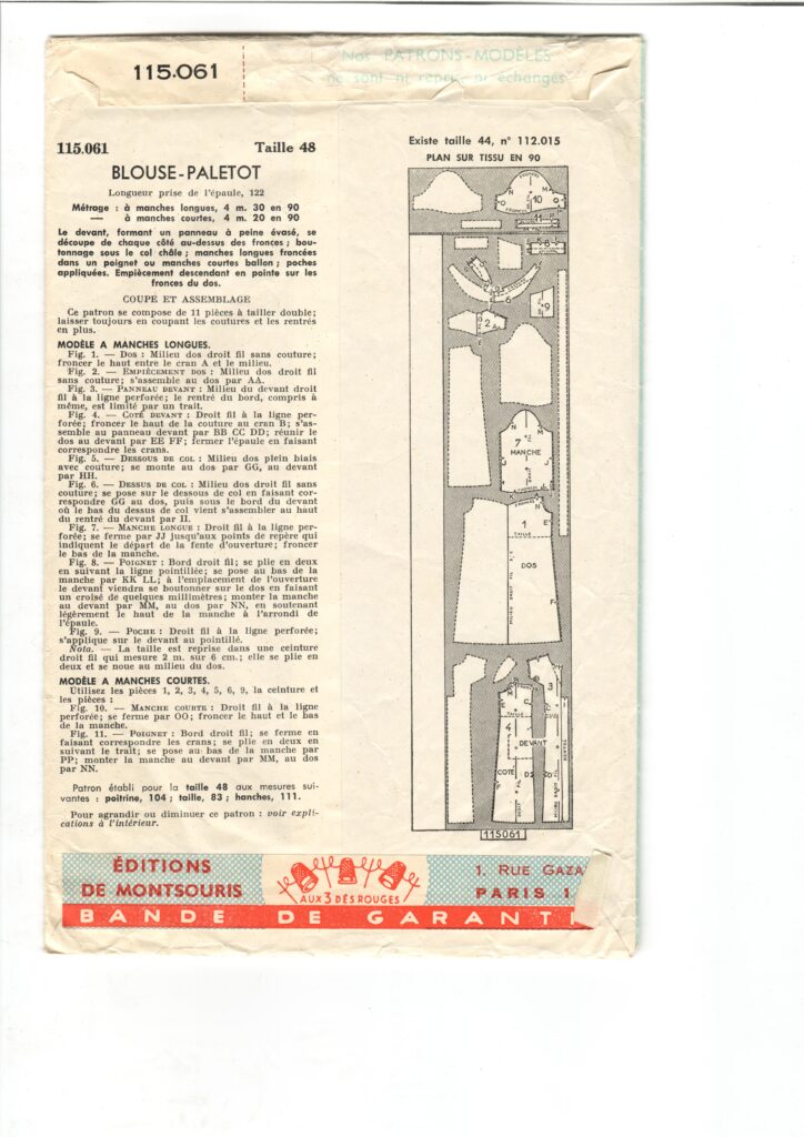 Back of a sewing pattern enveloppe by the french brand Patron-Modèle