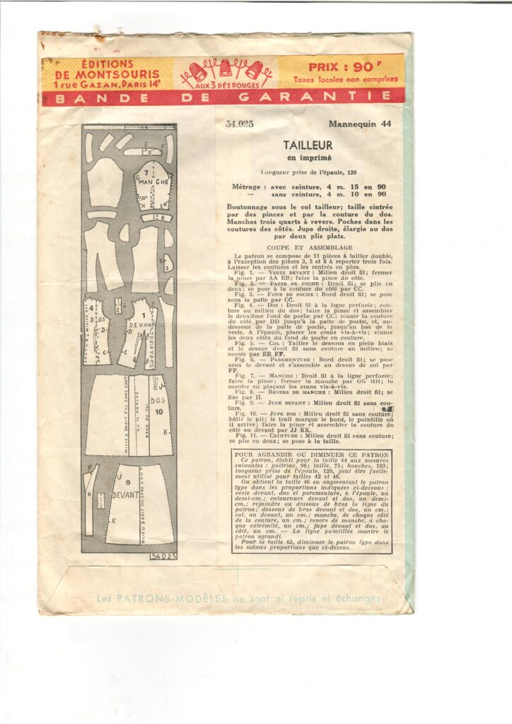 Back of a sewing pattern enveloppe by the french brand Patron-Modèle